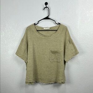 Mustard‎ Seed Women’s Sage Green Short Sleeve Top Raw Edge Cotton Bohemian Sz S
